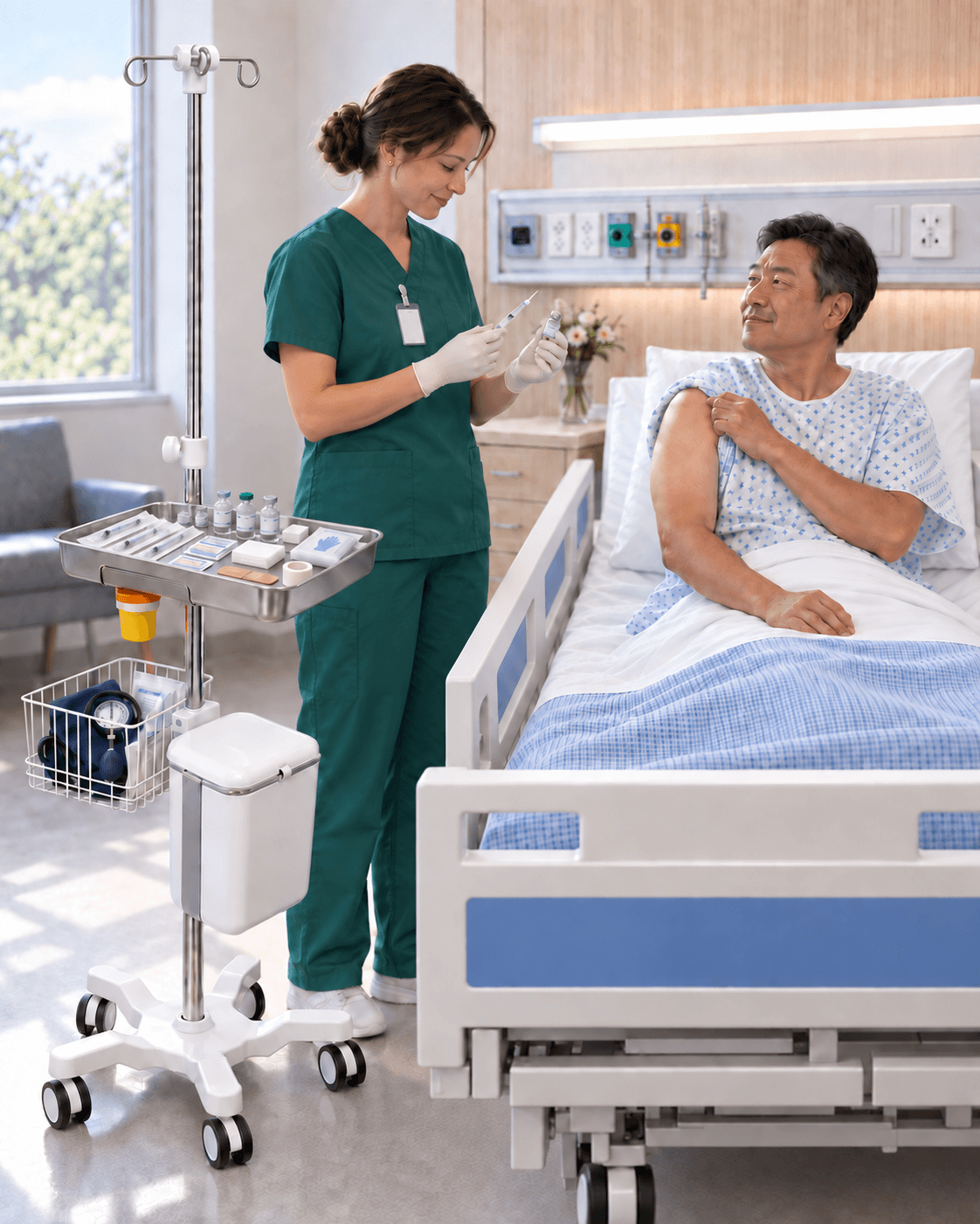 Nurse preparing an injection beside a patient using the EverCare IVS-200 instrument tray, with sterile supplies on the tray and a blood-pressure kit in the wire basket