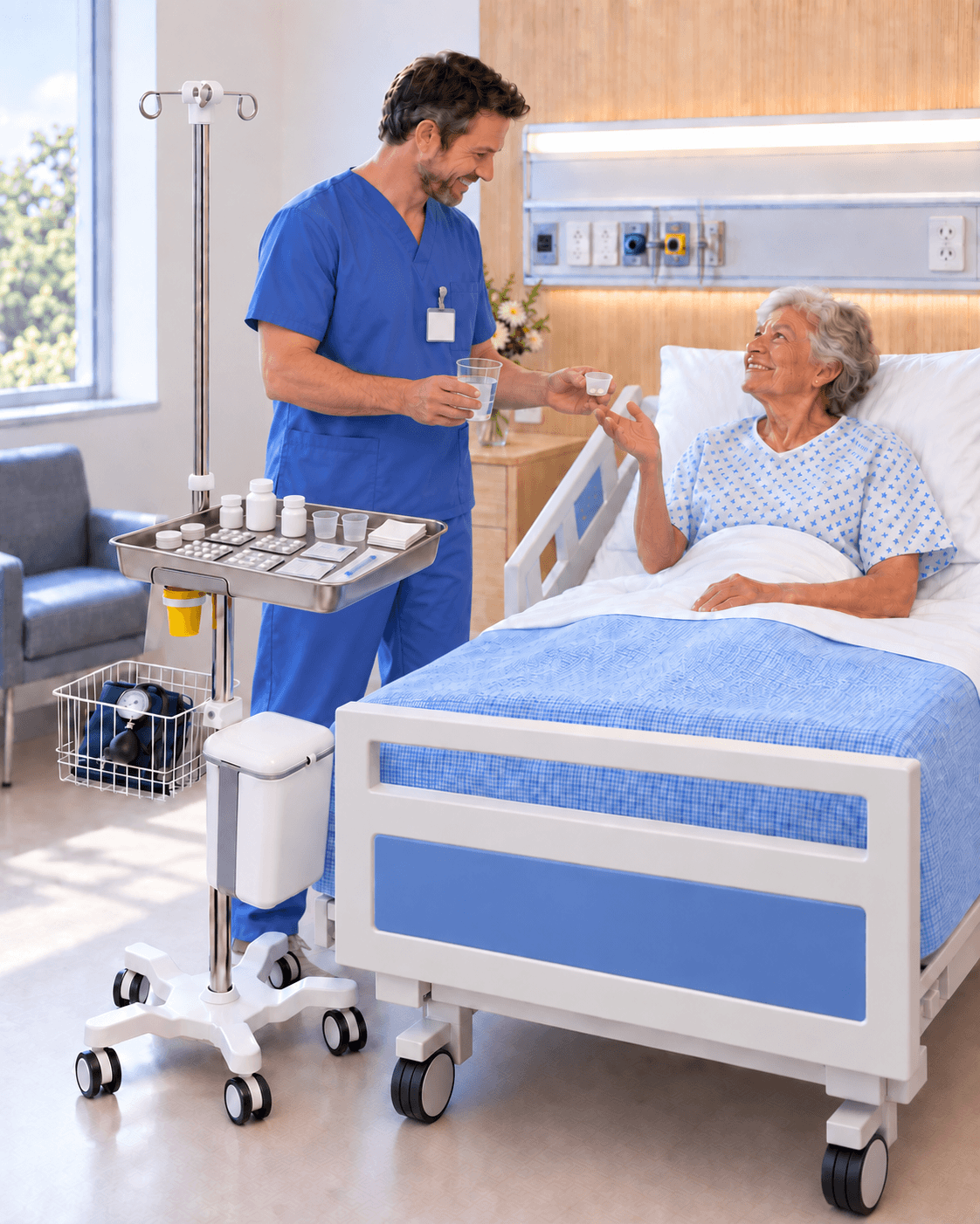 Nurse giving an older patient oral medication and water beside the EverCare IVS-200, with medicines organized on the instrument tray and a blood-pressure kit in the wire basket