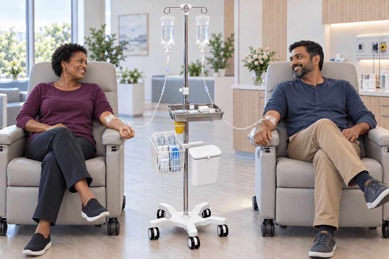 Two patients seated in infusion chairs receiving treatment from the EverCare IVS-200 configured with two infusion bags