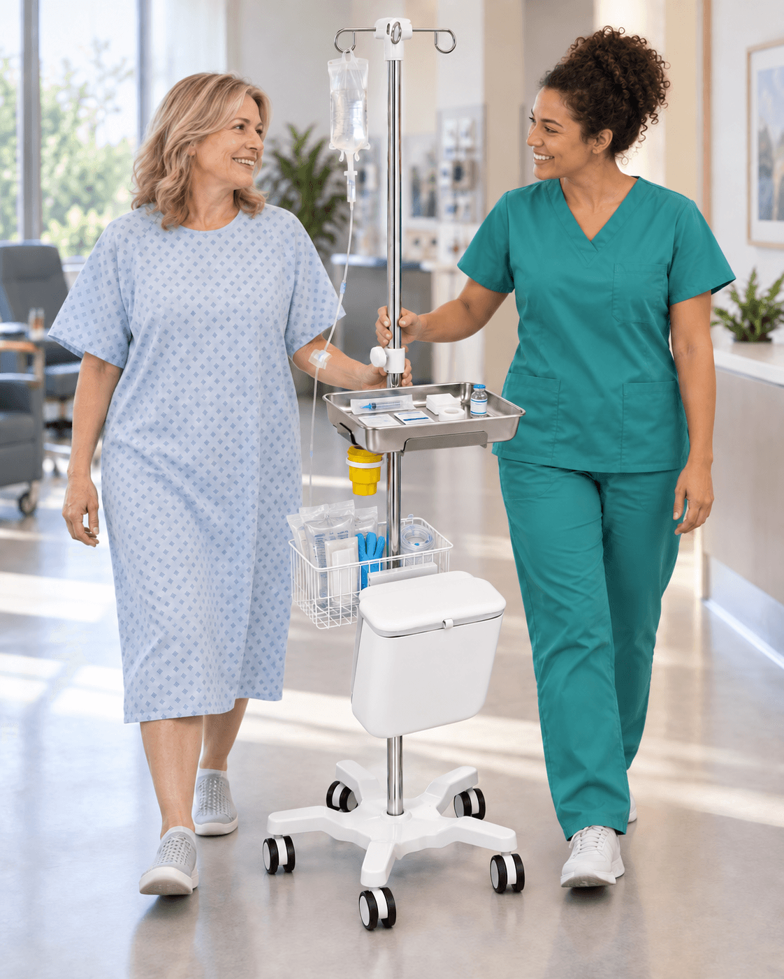 Nurse walking with a patient in a hospital gown beside the EverCare IVS-200 mobile IV stand in a bright clinic corridor