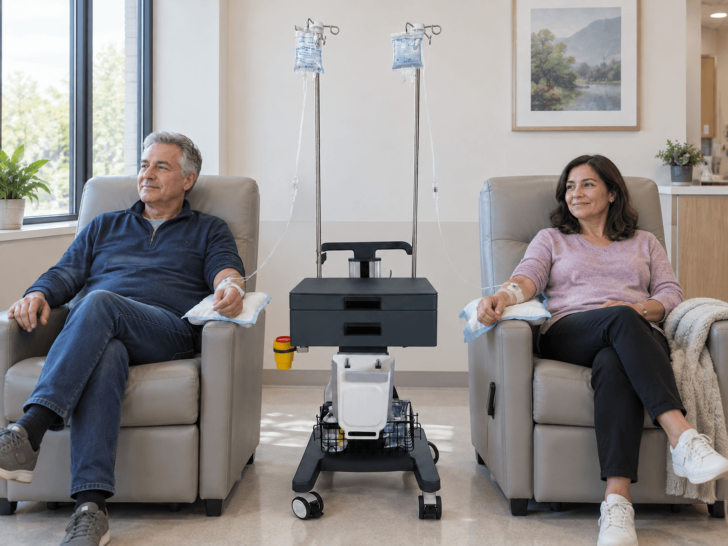 EverCare IVT-300 trolley between two seated patients, with an IV bag on each of its two infusion stands