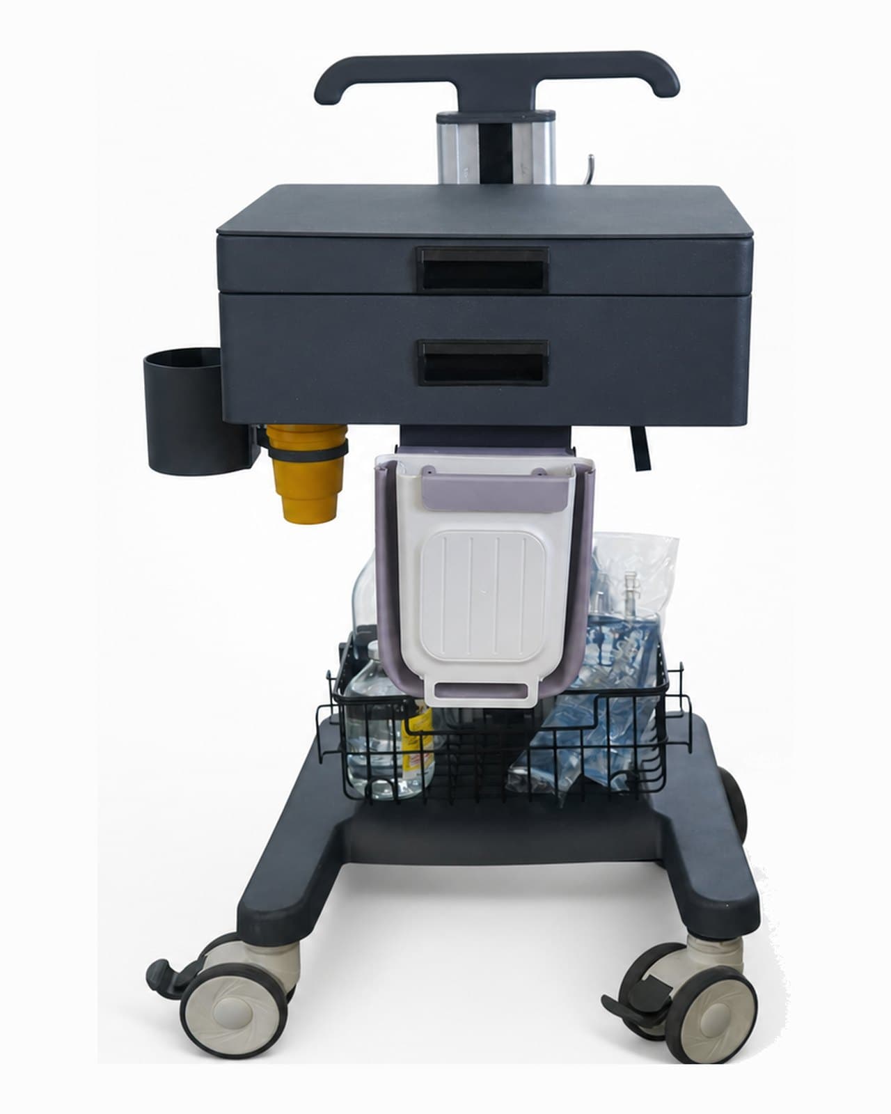 EverCare Medical Trolley IVT-300, front view in its standard configuration: countertop with two drawers, push handle, cup and sharps holders, waste bin and lower wire basket on a four-castor chassis