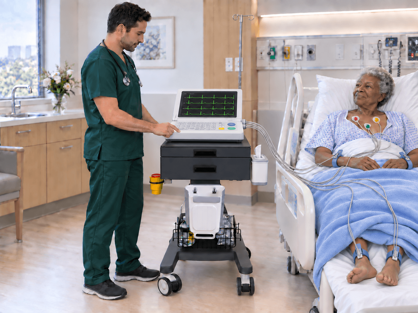 Clinician operating a large ECG machine on the EverCare IVT-300 trolley while a patient is connected with chest and reusable wrist and ankle clamp electrodes