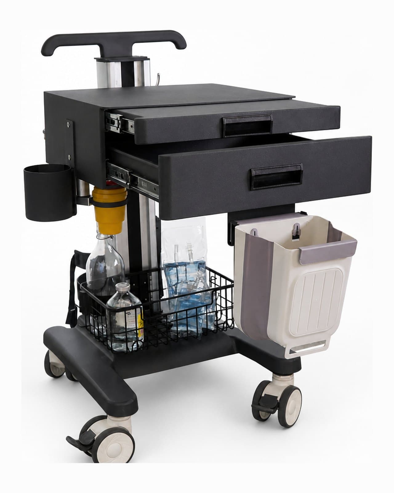 EverCare Medical Trolley IVT-300 seen from three-quarters, with both drawers pulled open and the waste bin swung out
