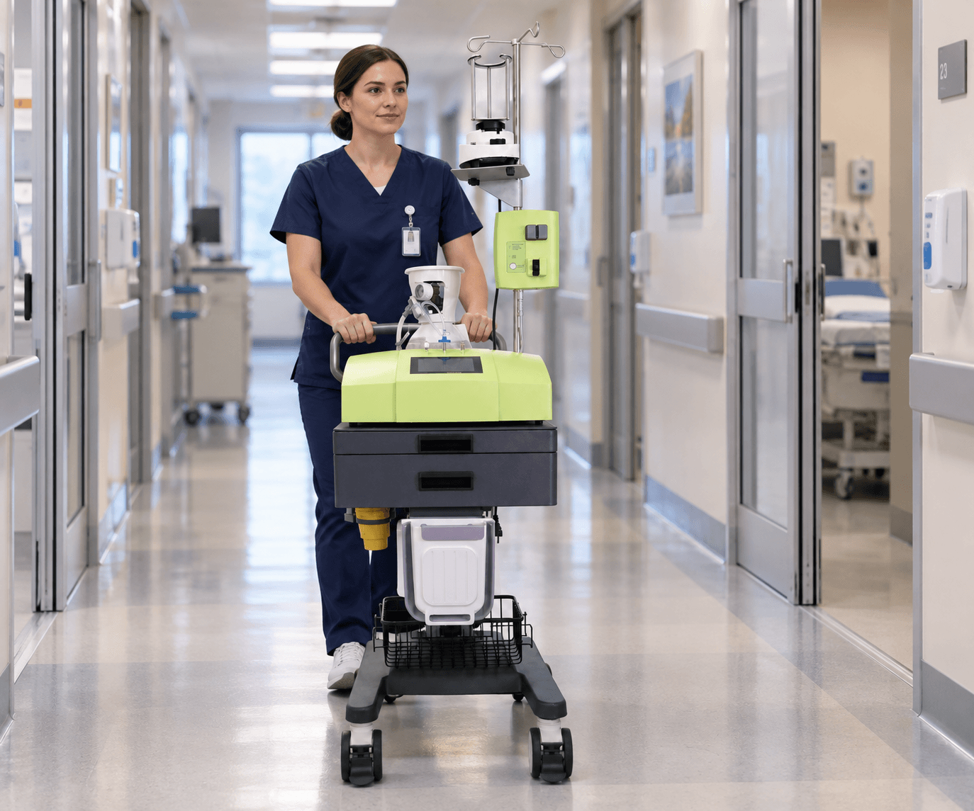 Clinician transporting the EverCare IVT-300 trolley with a medical device on top through a hospital corridor