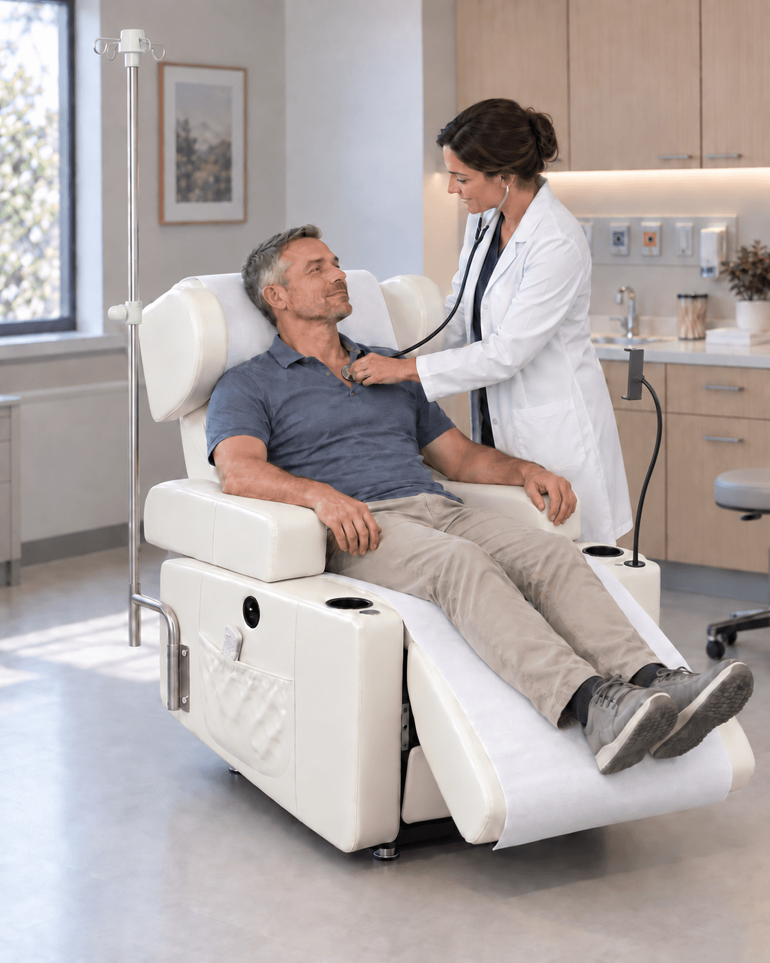 Doctor using a stethoscope with a patient in the RelaxIV chair — IVR-100 Warm Beige