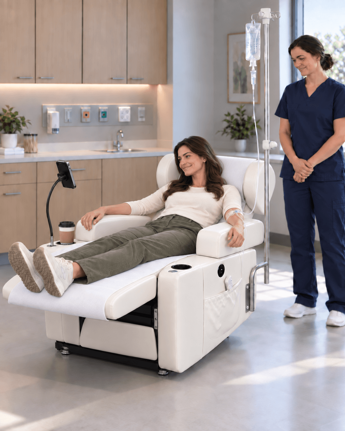 Woman receiving an infusion in the RelaxIV chair — IVR-100 Warm Beige