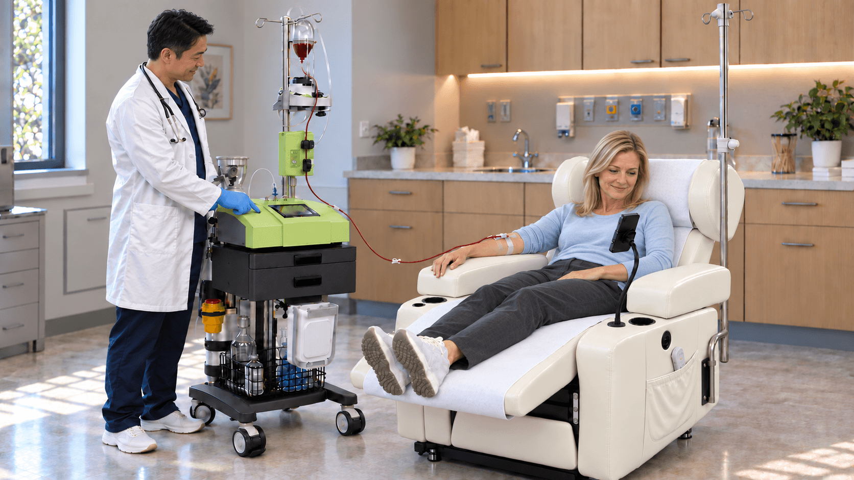 European woman watching a mounted phone in an ivory IVR-100 EverCare RelaxIV chair while a doctor operates an ozone autohemotherapy system