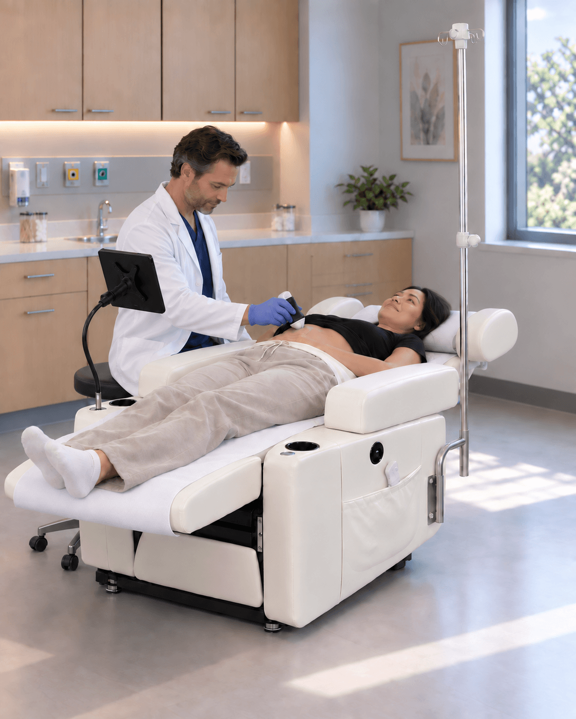 Doctor examining a patient in the RelaxIV chair — IVR-100 Warm Beige