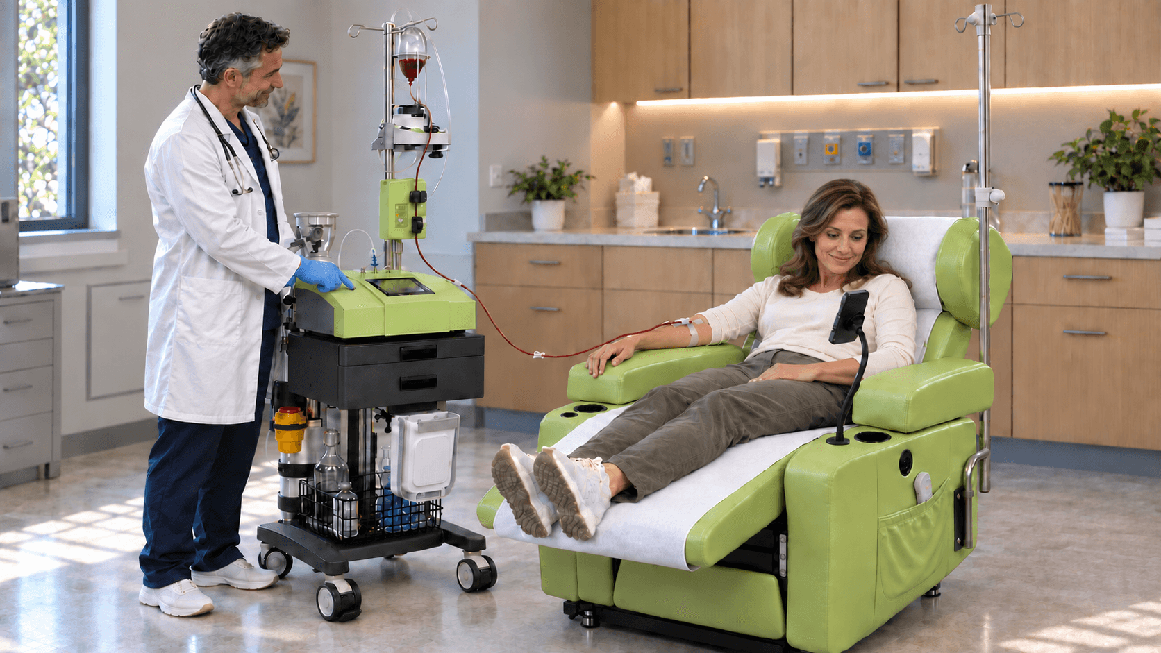 Doctor operating an ozone autohemotherapy system on the EverCare IVT-300 trolley beside a patient watching a phone in a green IVR-104 RelaxIV chair