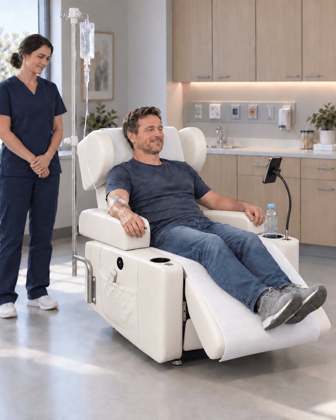 Patient receiving an infusion in the RelaxIV chair — IVR-100 Warm Beige